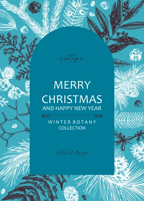 Merry Christmas card. Collage-style banner with evergreen plants, conifers, and nuts drawing. Winter design with hand-drawn botanical illustrations. Trendy Christmas background, New Year card template